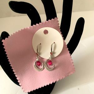 925 Sterling Silver Moon Earrings With Pink Sapphire stone.